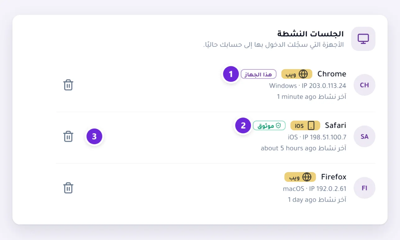 الجلسات النشطة في الإعدادات، تسرد ثلاثة أجهزة مسجّلة الدخول: هذا المتصفح موسوم بهذا الجهاز، وهاتف موسوم بموثوق، وحاسوب محمول، ولكل منها زر لإلغائه.