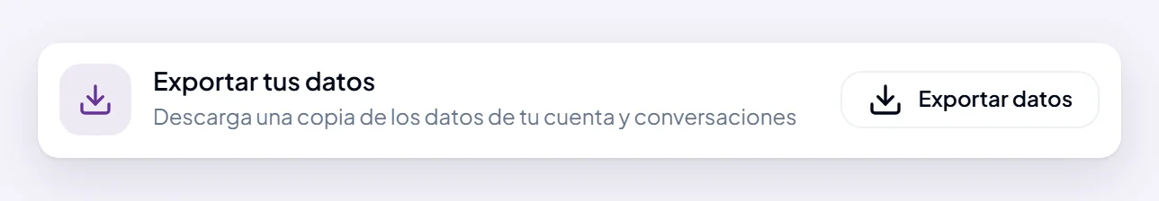 La fila Exportar tus datos en Configuración, con su botón Exportar datos.