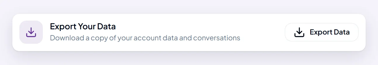 The Export Your Data row in Settings, with its Export Data button.