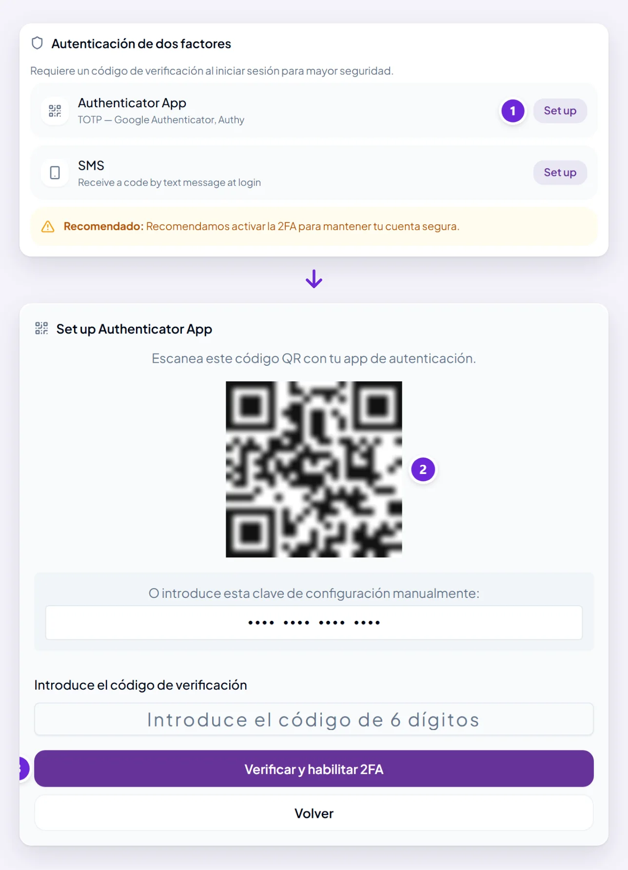 Autenticación de dos factores en la página de Perfil con Set up junto a Authenticator App, y después la pantalla de configuración tras Iniciar configuración de 2FA: un código QR (aquí difuminado), la clave para escribir a mano (oculta), un campo de código y Verificar y habilitar 2FA.