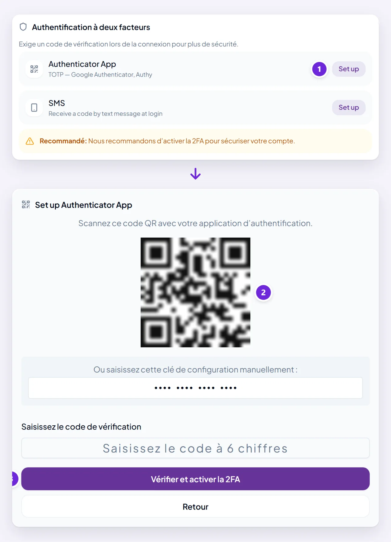 Authentification à deux facteurs sur la page Profil avec Set up à côté d’Authenticator App, puis l’écran de configuration après Démarrer la configuration de la 2FA : un QR code (flouté ici), la clé à saisir à la main (masquée), un champ de code et Vérifier et activer la 2FA.