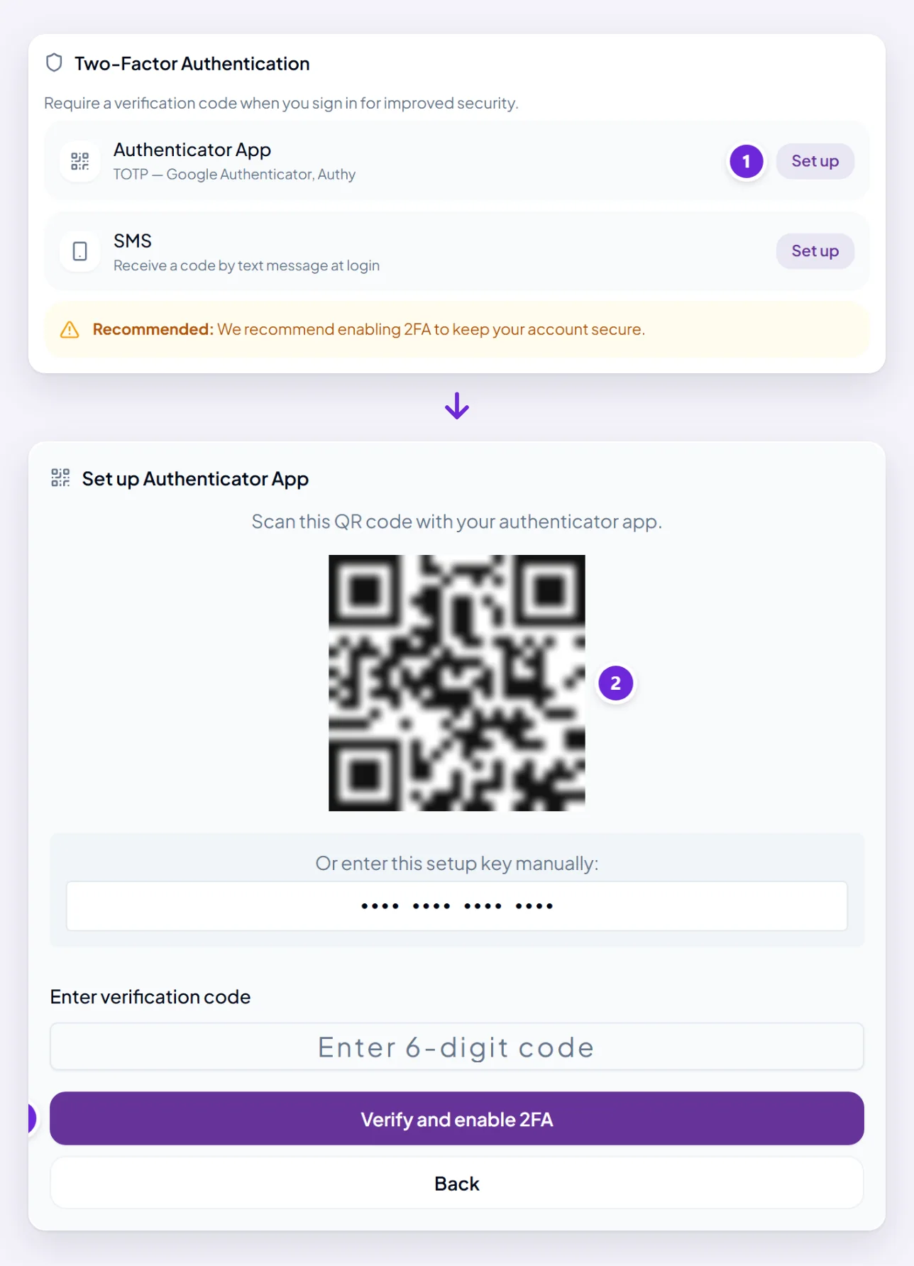 Two-Factor Authentication on the Profile page with Set up beside Authenticator App, then the setup screen after Begin 2FA setup: a QR code (blurred here), the key to type in by hand (hidden), a code field and Verify and enable 2FA.