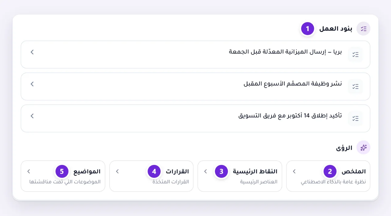 بنود العمل التي وجدتها Orsola في اجتماع، وتحتها بطاقات الرؤى: الملخص والنقاط الرئيسية والقرارات والمواضيع.