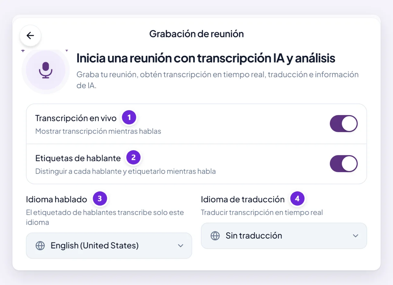 La pantalla que se muestra antes de empezar una grabación: Transcripción en vivo, Etiquetas de hablante, Idioma hablado y Idioma de traducción.