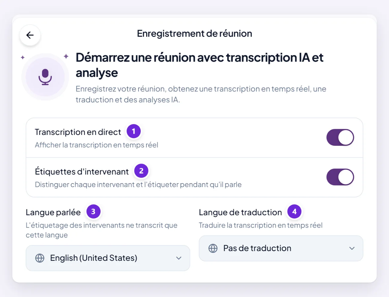 L’écran affiché avant le début d’un enregistrement : Transcription en direct, Étiquettes d'intervenant, Langue parlée et Langue de traduction.