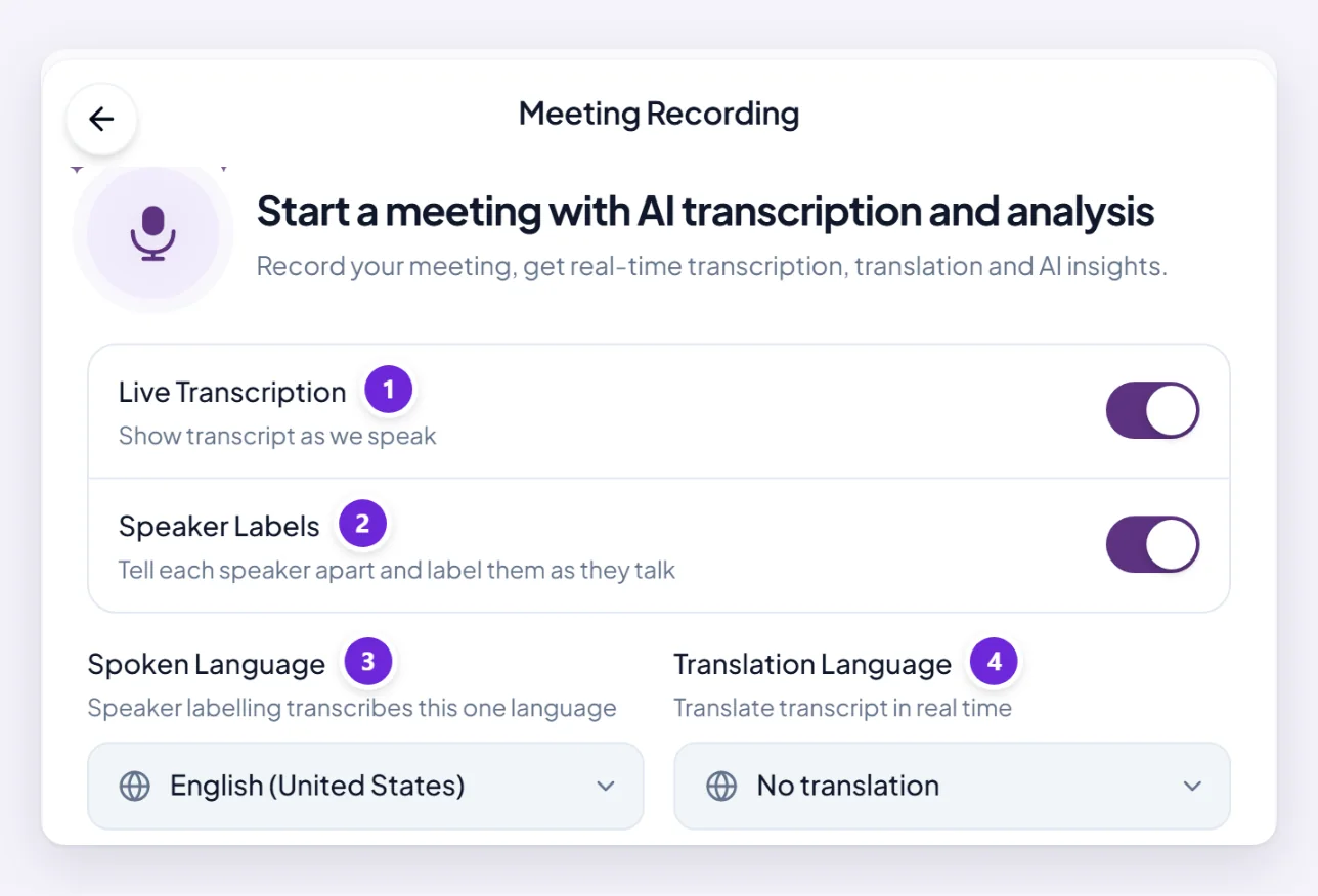 Meeting Recording Settings, shown before a recording starts: Live Transcription, Speaker Labels, Spoken Language and Translation Language.