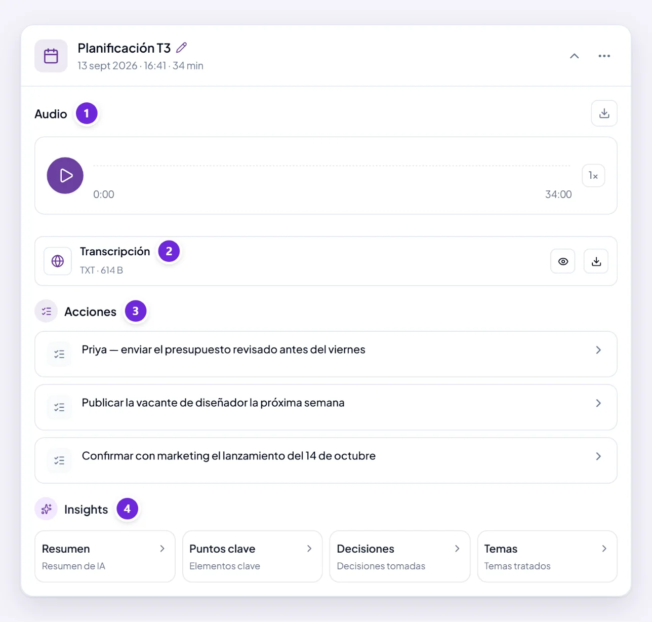 La ficha de una reunión terminada: la grabación para reproducir, la transcripción, las acciones que Orsola encontró y las tarjetas de Insights para pedir un resumen, los puntos clave, las decisiones o los temas.