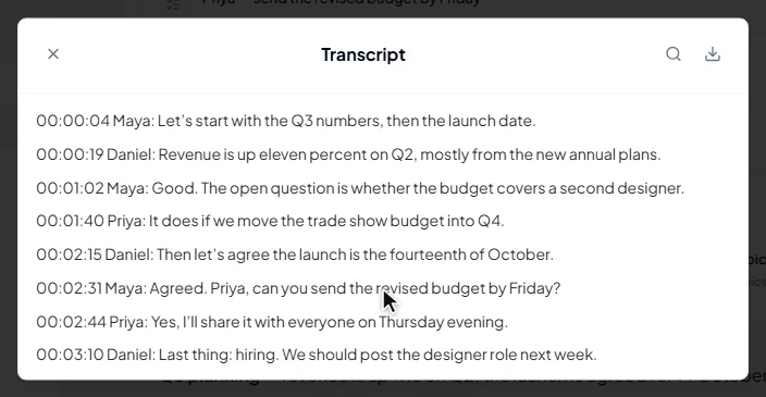 La transcripción de una reunión, abierta desde su ficha: se usa el icono de búsqueda, se escribe «budget» y la transcripción se reduce a las líneas que lo mencionan.