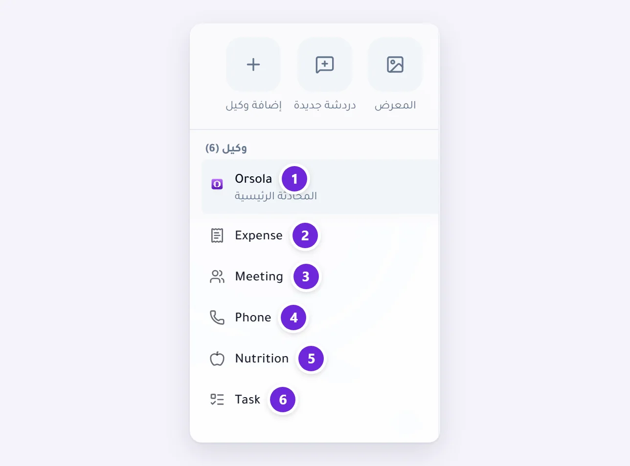 الشريط الجانبي للمحادثة وقد أُضيف كل الوكلاء، مرقّمين: Orsola وExpense وMeeting وPhone وNutrition وTask.
