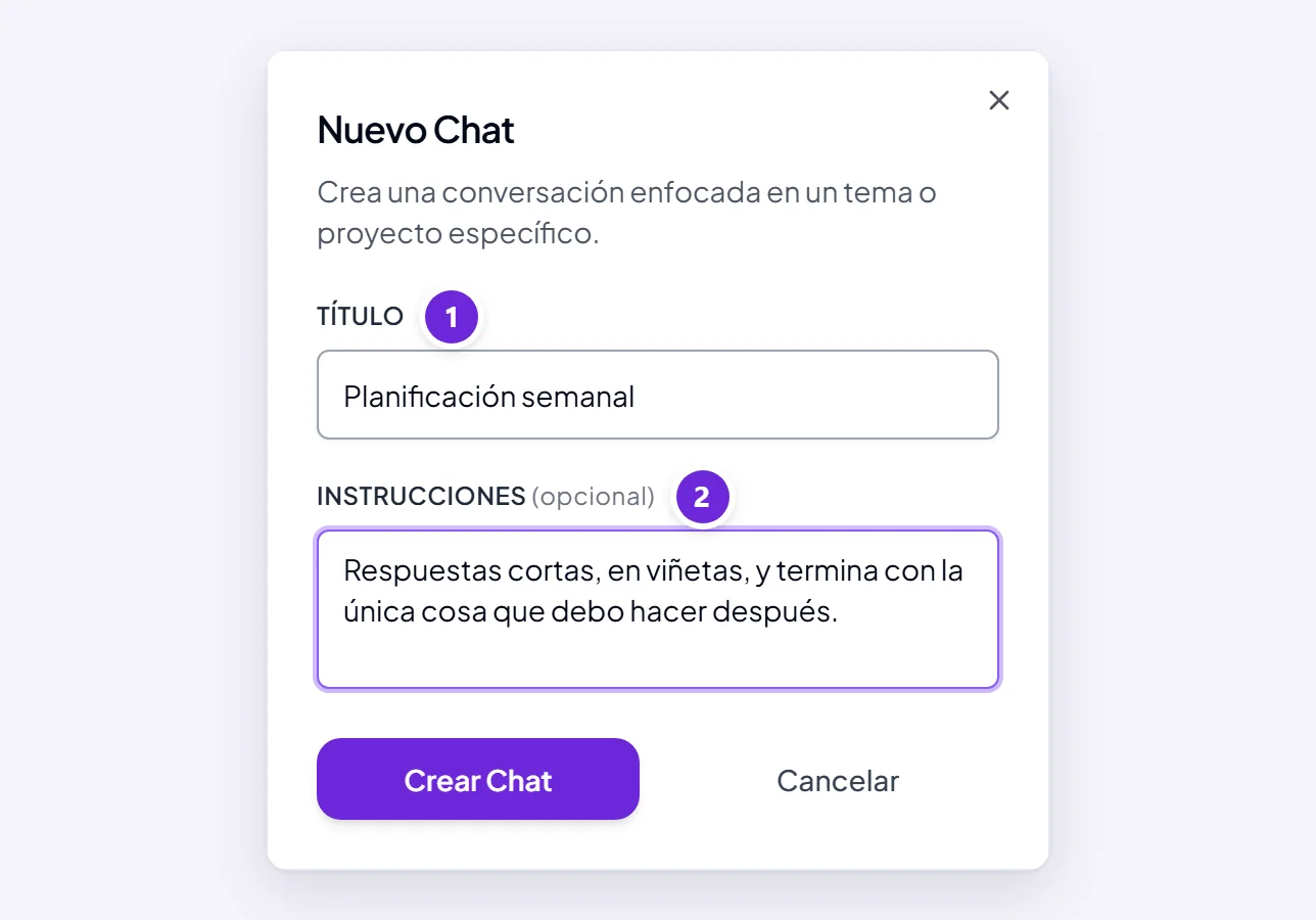 La ventana Nuevo chat, con un título y el campo Instrucciones relleno.