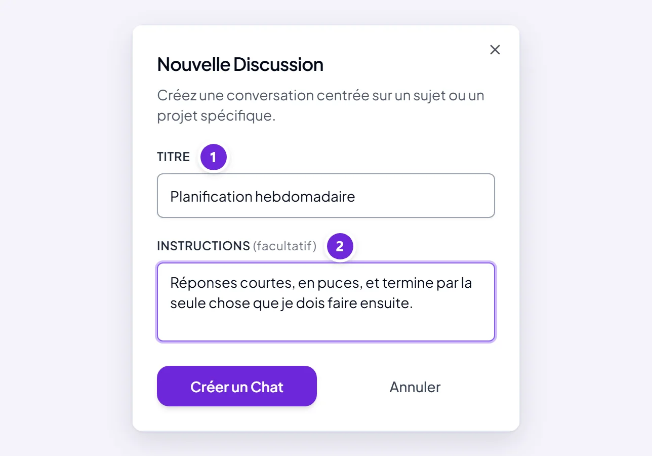 La fenêtre Nouveau chat, avec un titre et le champ Instructions rempli.