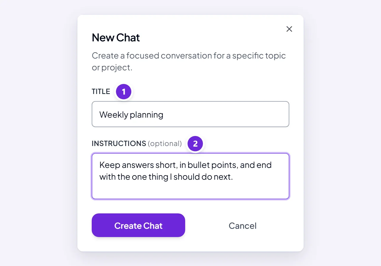 The New Chat dialog, with a title and the Instructions field filled in.