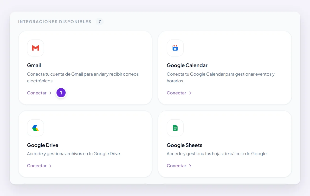 La página Integraciones, bajo las integraciones disponibles: Gmail, Google Calendar, Google Drive y Google Sheets, cada uno con Conectar.