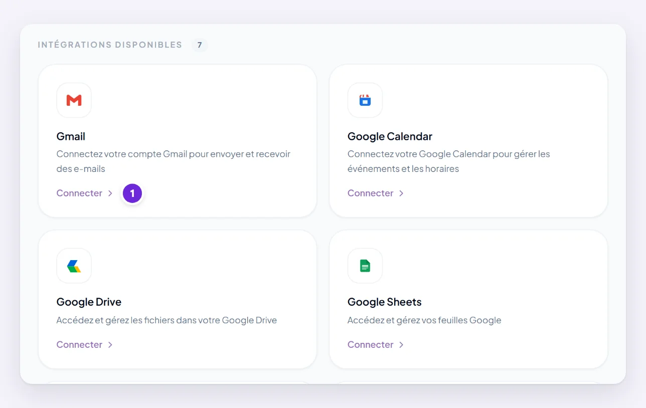 La page Intégrations, sous les intégrations disponibles : Gmail, Google Calendar, Google Drive et Google Sheets, chacun avec Connecter.