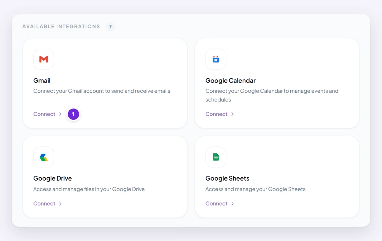 The Integrations page, under Available integrations: Gmail, Google Calendar, Google Drive and Google Sheets, each with Connect.