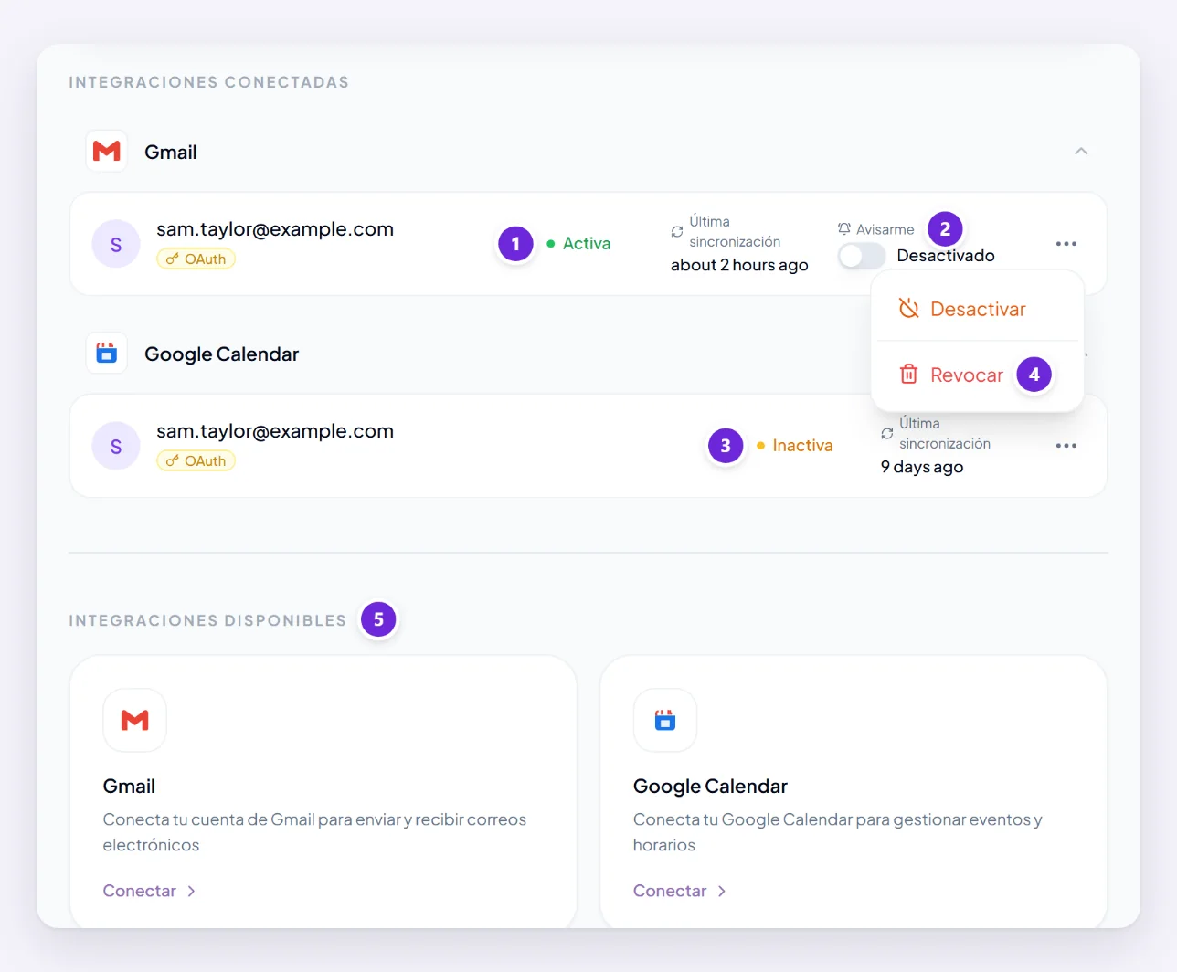 La página Integraciones con Gmail conectado y activo, con su interruptor Avisarme desactivado, Google Calendar conectado pero inactivo, y más servicios debajo aún por conectar. El menú de una fila está abierto y muestra Revocar.
