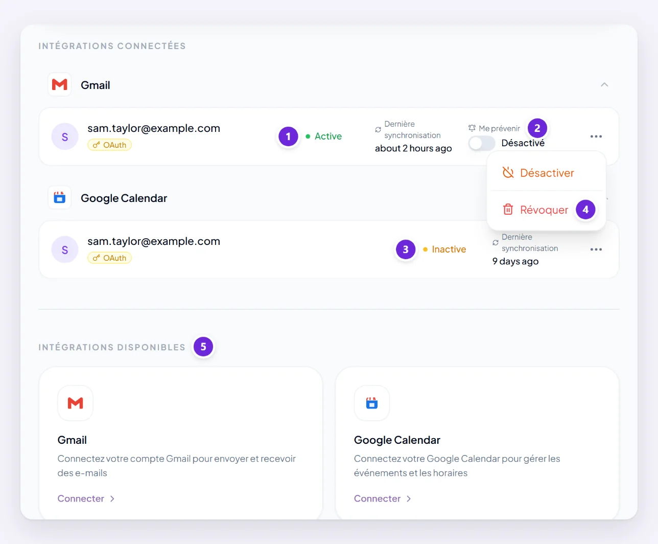 La page Intégrations avec Gmail connecté et actif, son interrupteur Me prévenir désactivé, Google Calendar connecté mais inactif, et d’autres services en dessous encore à connecter. Le menu d’une ligne est ouvert et montre Révoquer.