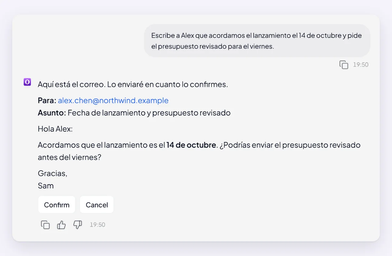 Orsola muestra un correo que ha redactado — el destinatario, el asunto y el texto — con los botones Confirmar y Cancelar debajo, antes de enviar nada.