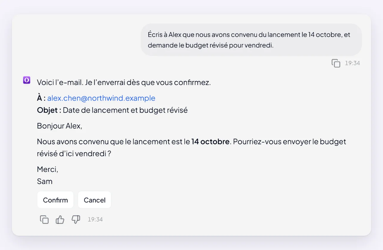 Orsola montre un e-mail qu’elle a rédigé — le destinataire, l’objet et le texte — avec les boutons Confirmer et Annuler en dessous, avant tout envoi.