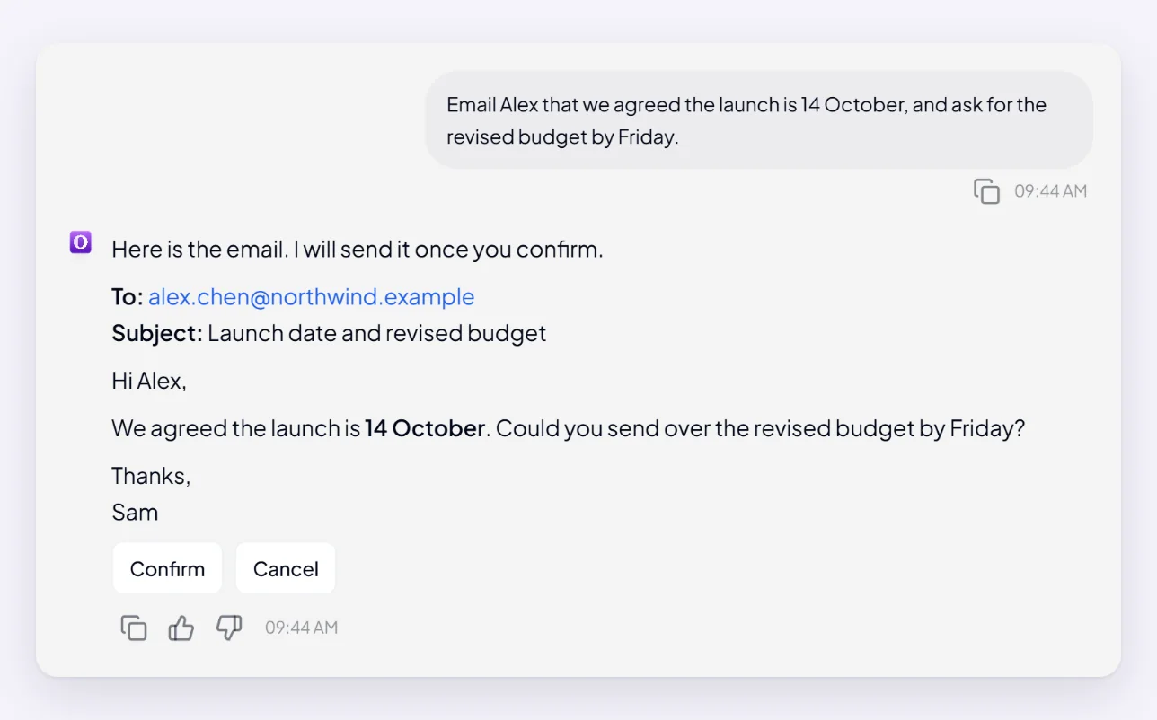 Orsola showing an email it has drafted — the recipient, subject and text — with Confirm and Cancel buttons underneath, before anything is sent.