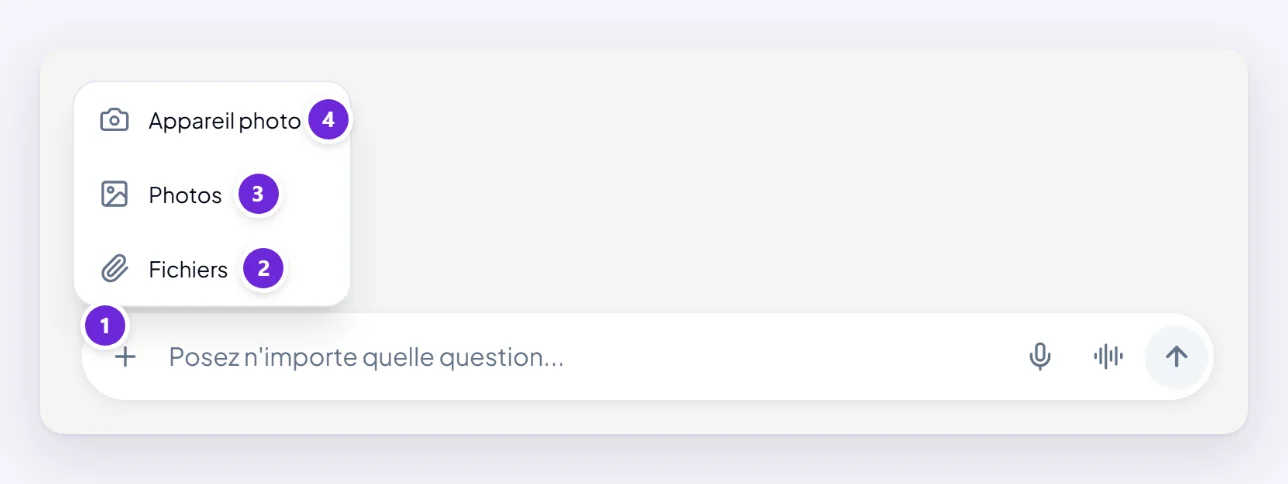 Sur une tablette, le + à côté de la zone de message est ouvert et propose Appareil photo, Photos et Fichiers.