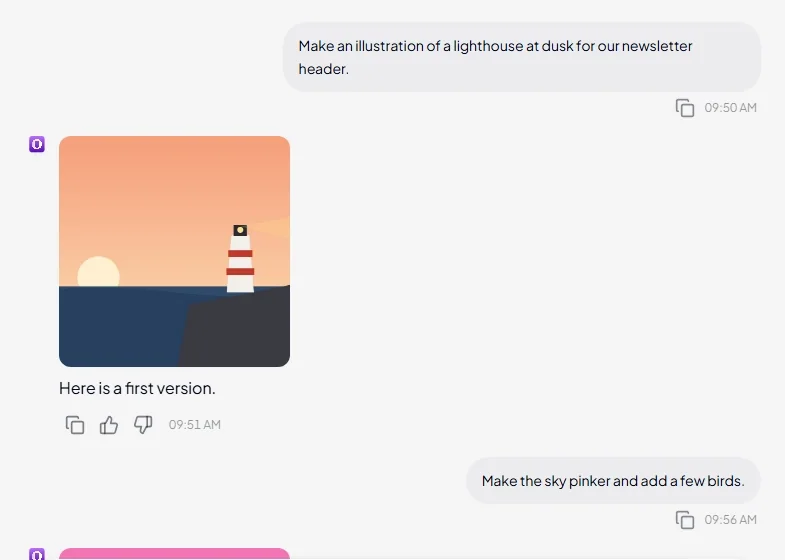 Una conversación que encarga una ilustración de un faro al atardecer, después pide un cielo más rosado y algunos pájaros, y recibe la imagen retocada.