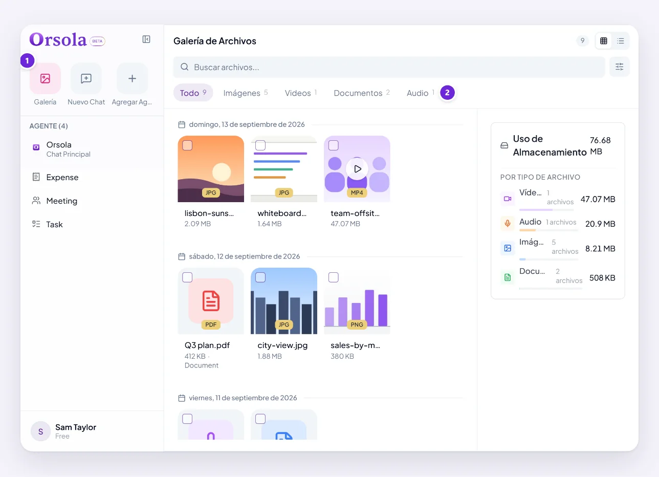 La Galería abierta desde la barra lateral del chat, con fotos, un vídeo, documentos y grabaciones, y los filtros Imágenes, Videos, Documentos y Audio arriba.