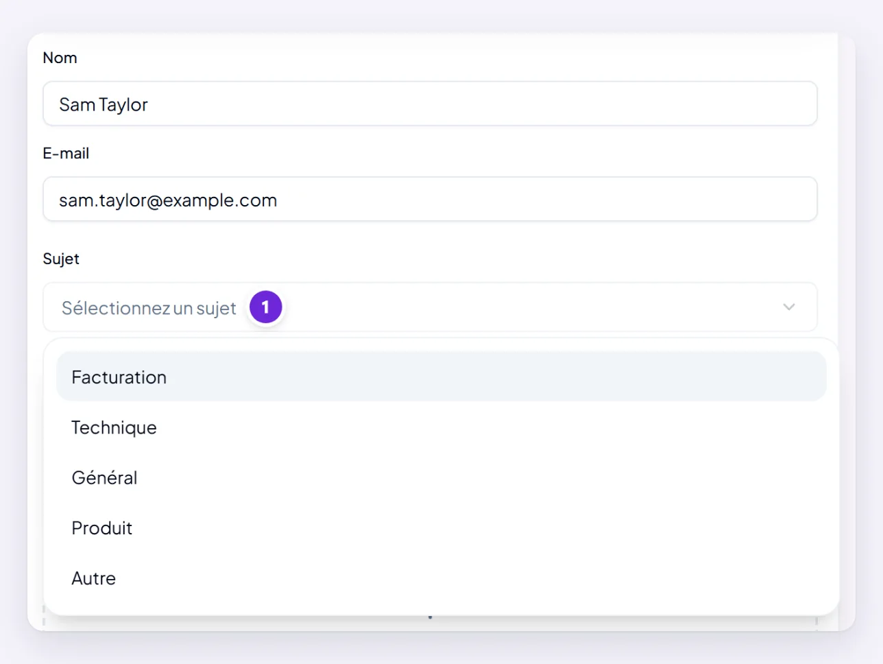 Le formulaire de message du Centre de Support avec la liste Sujet ouverte.