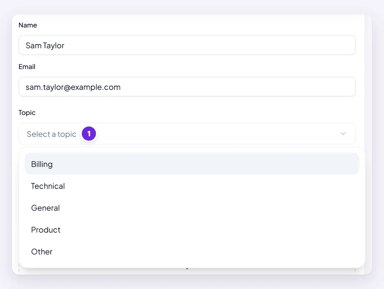 The Support Center message form with the Topic list open.