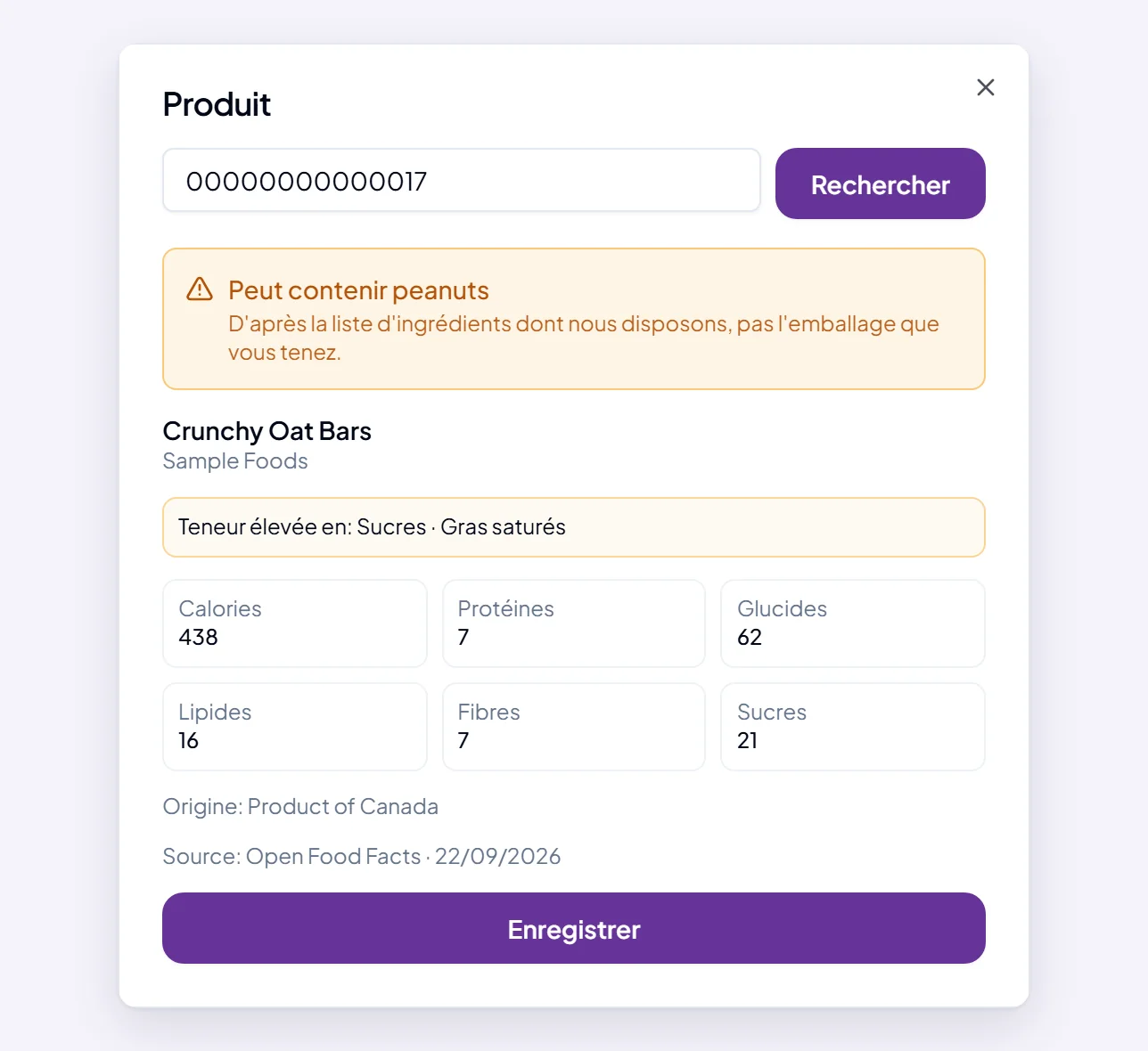 La fiche produit renvoyée par une recherche de code-barres : le produit et sa marque, un verdict d’allergène indiquant Peut contenir des arachides, la teneur élevée de l’emballage, son origine, et la source et la date de lecture de la liste d’ingrédients.