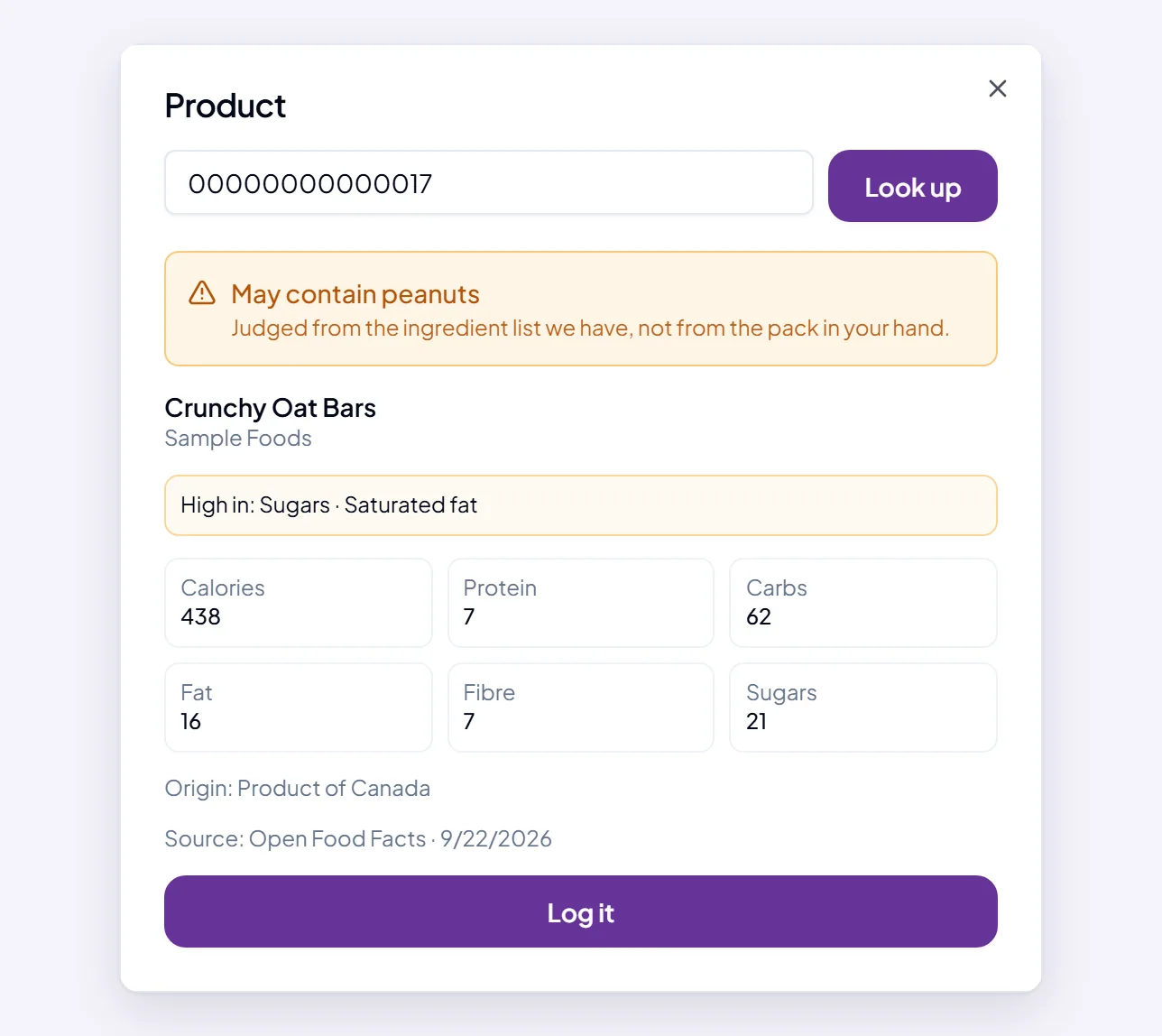 The product card returned by a barcode look-up: the product and its brand, an allergen verdict reading May contain peanuts, what the pack is high in, its origin, and the source and date the ingredient list was read.