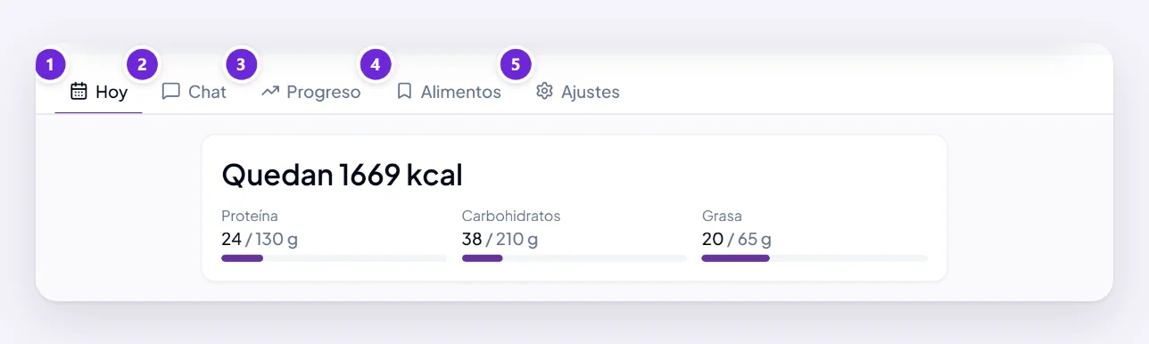 El espacio de Nutrición: su barra de pestañas — Hoy, Chat, Progreso, Alimentos y Ajustes — sobre las calorías y los macros del día.