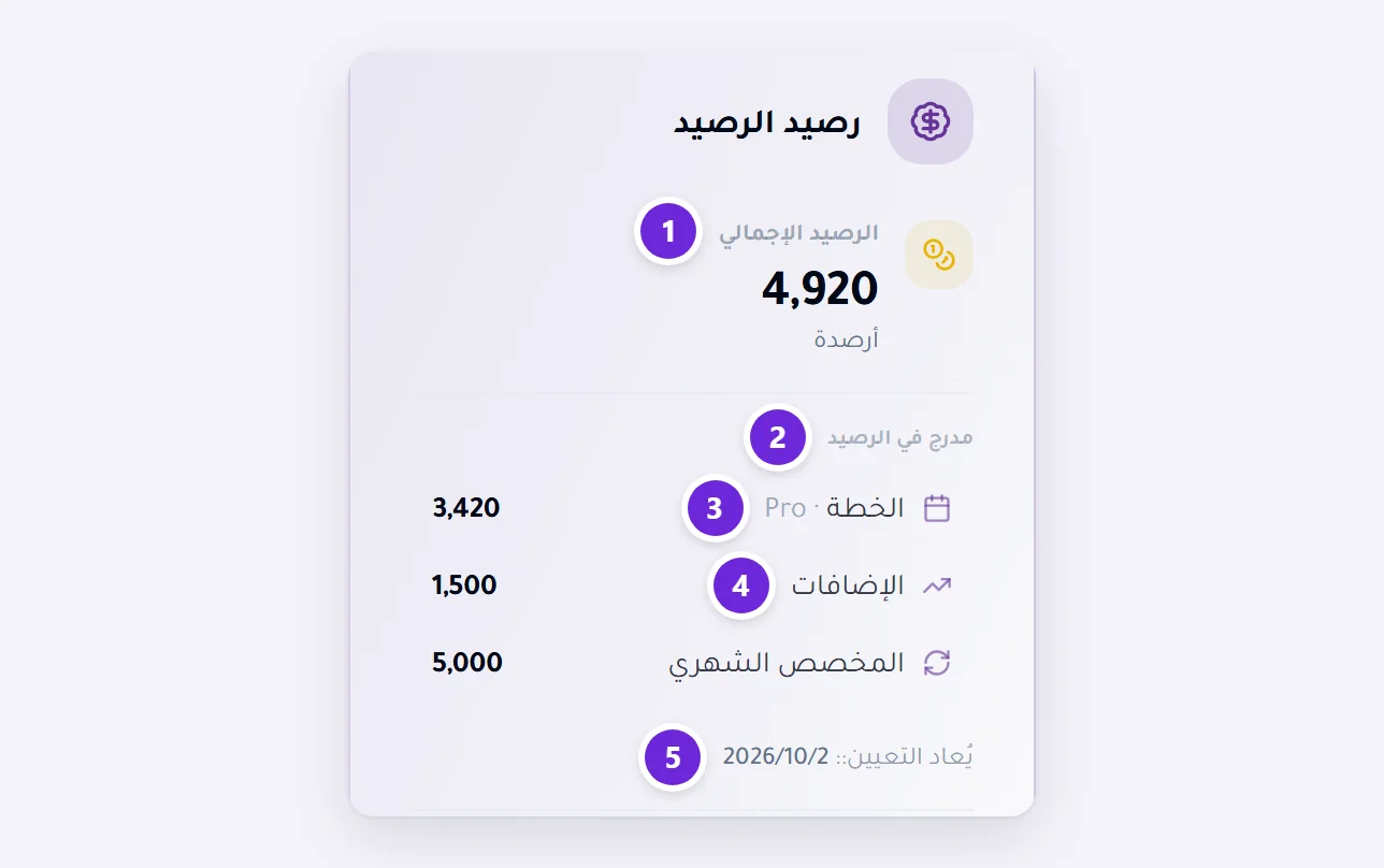 لوحة رصيد الأرصدة في لوحة التحكم: الرصيد الإجمالي، ثم ما يشمله — أرصدة الخطة والأرصدة الإضافية — وتاريخ تجديد أرصدة الخطة.