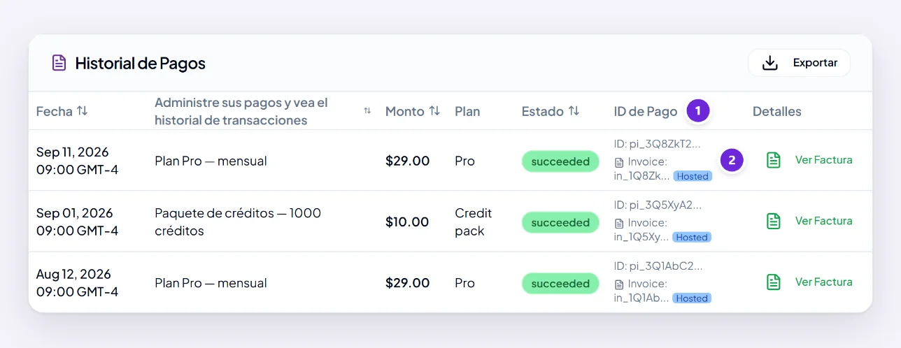 Facturación y el historial de pagos, con tres pagos y su fecha, descripción, importe y estado, un ID de Pago para cada uno y Ver Factura al lado.