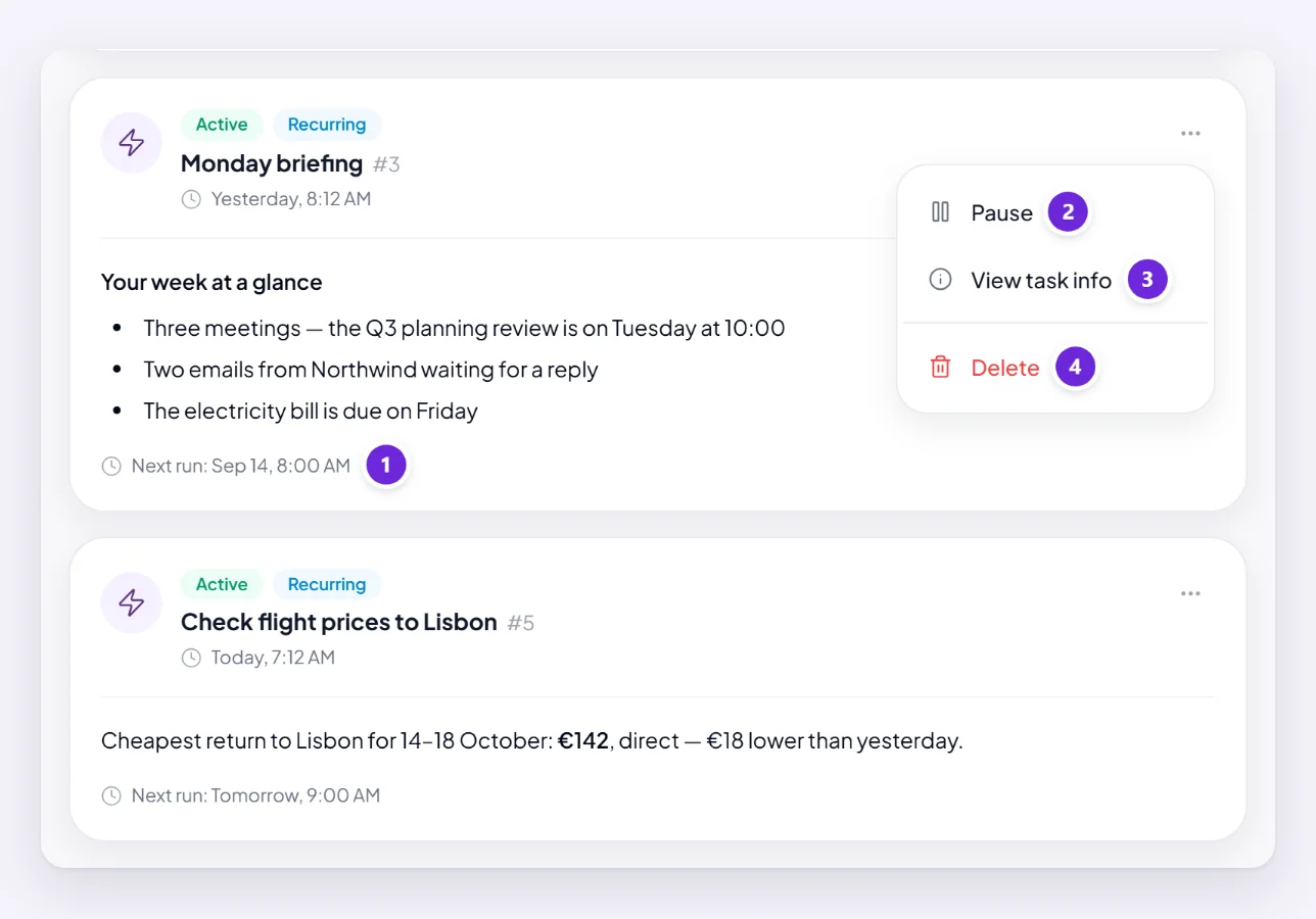 The Task agent’s results, with the menu open on the Monday briefing: Pause, View task info and Delete, and when it runs next.