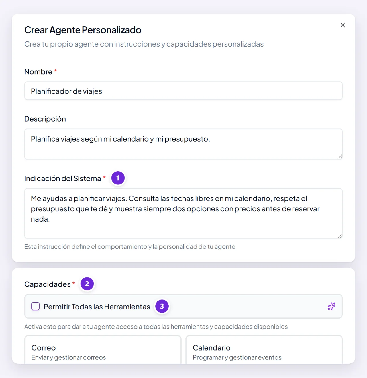 La ventana Crear Agente Personalizado con un nombre, una Indicación del Sistema que describe lo que debe hacer el agente, una lista de capacidades para elegir y el interruptor Permitir todas las herramientas.