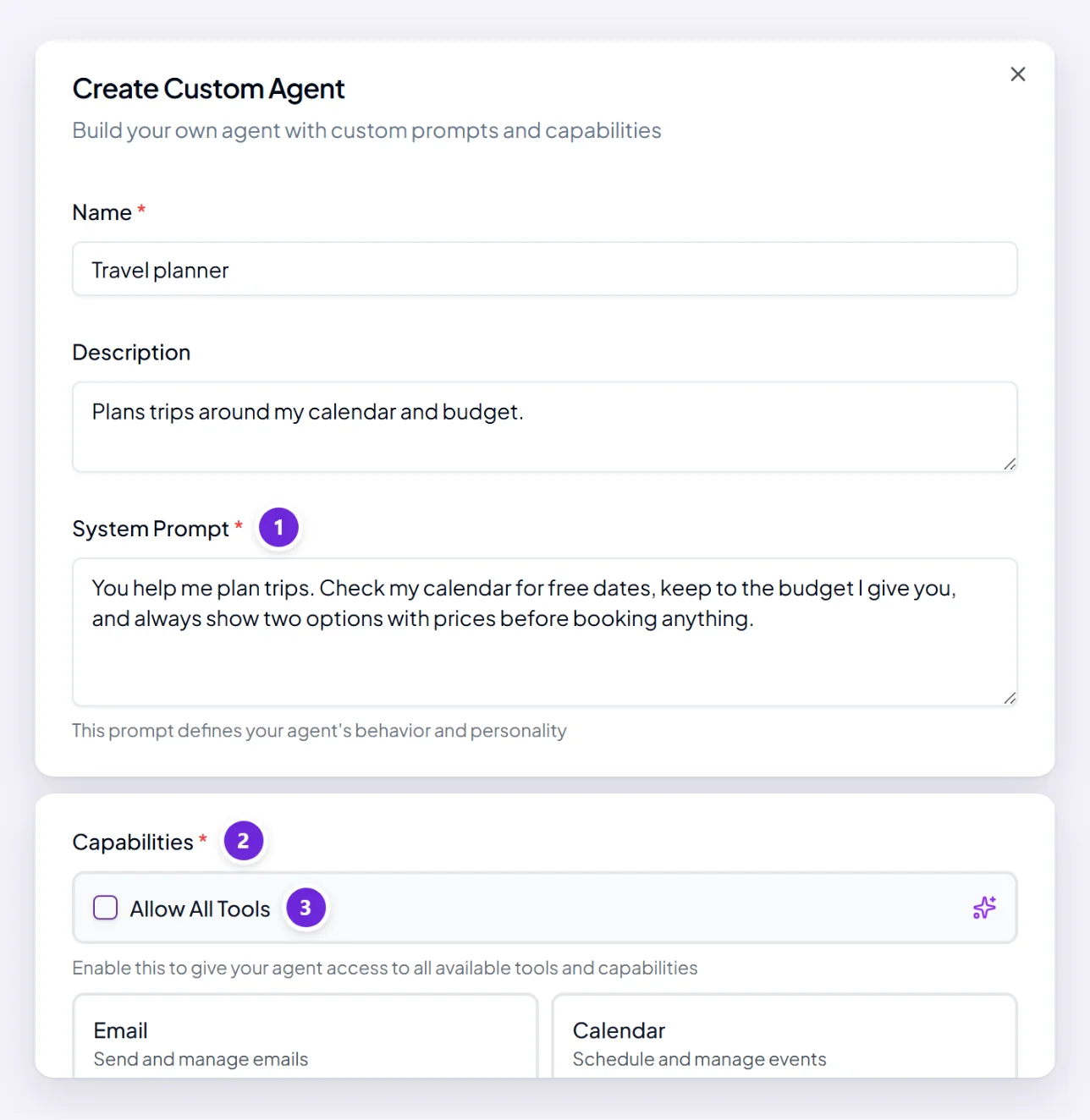 The Create Custom Agent dialog with a name, a System Prompt describing what the agent should do, a list of Capabilities to choose from, and the Allow All Tools switch.