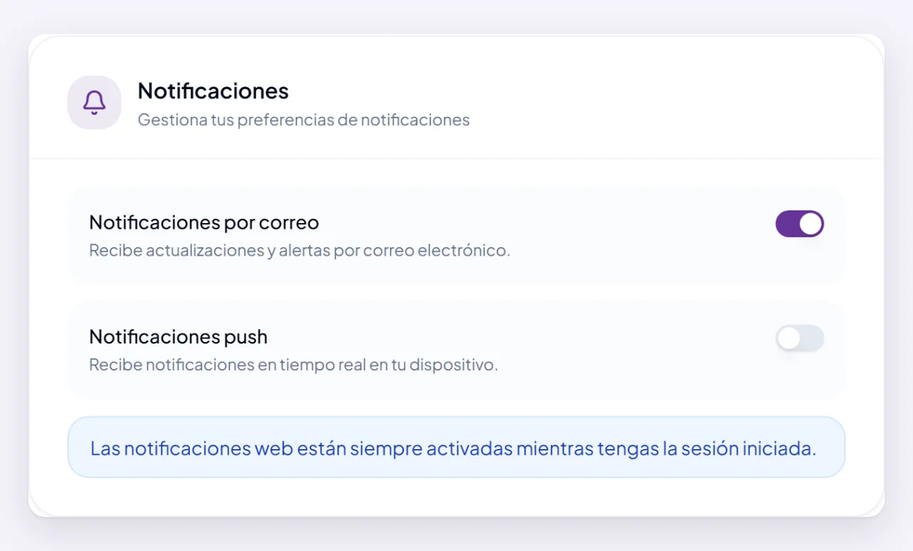 La sección Notificaciones en Configuración, con interruptores para las notificaciones por correo y las notificaciones push, y una nota que dice que las notificaciones dentro de Orsola están siempre activas mientras tengas la sesión iniciada.