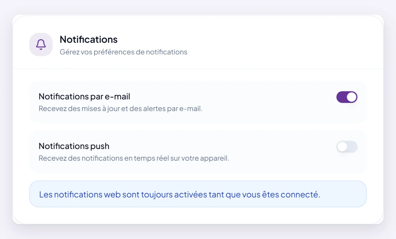 La section Notifications dans les Paramètres, avec des interrupteurs pour les notifications par e-mail et les notifications push, et une note indiquant que les notifications dans Orsola restent actives tant que vous êtes connecté.