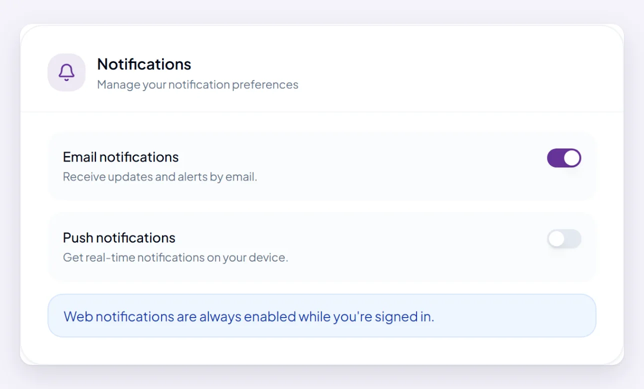 The Notifications section in Settings, with switches for Email notifications and Push notifications, and a note that notifications inside Orsola are always on while you are signed in.