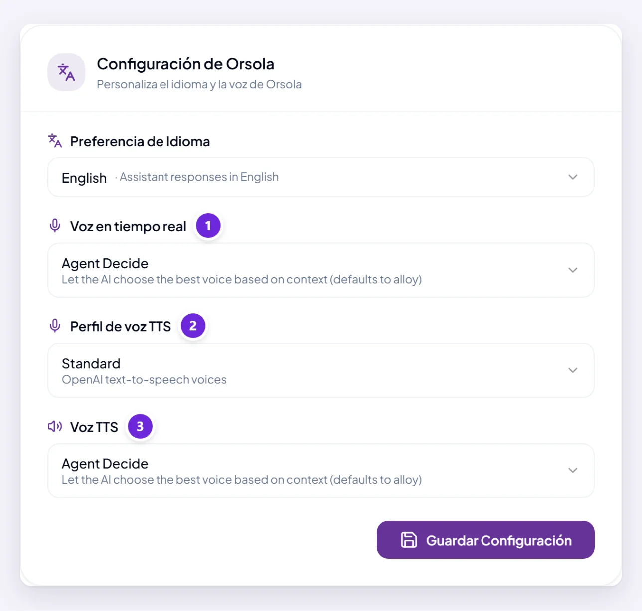 La sección de Configuración de Orsola, con Voz en tiempo real, Perfil de voz TTS y Voz TTS marcados.