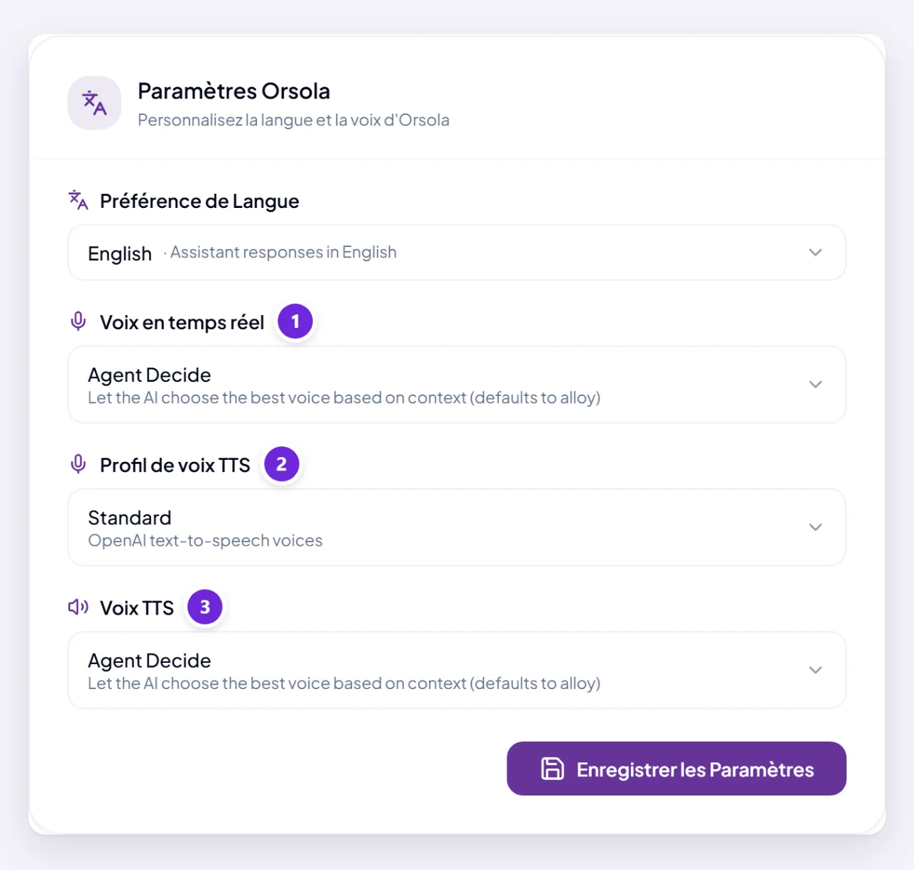 La section Paramètres d’Orsola, avec Voix en temps réel, Profil de voix TTS et Voix TTS marqués.
