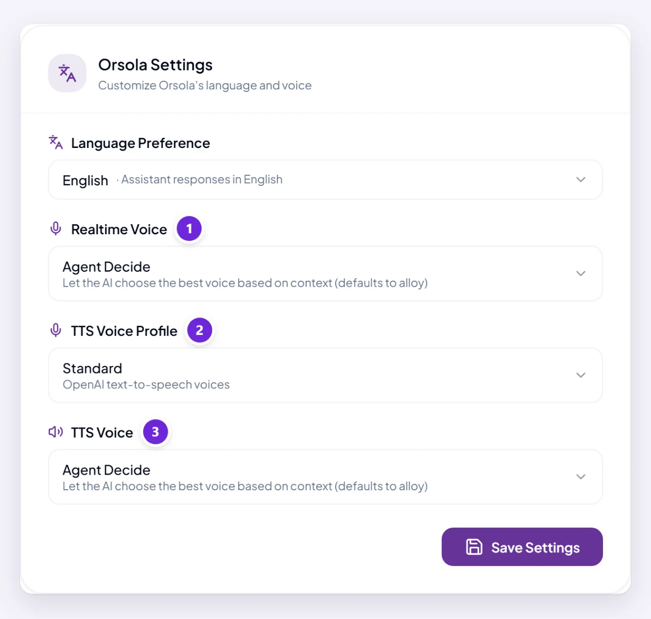 The Orsola Settings section, with Realtime Voice, TTS Voice Profile and TTS Voice each marked.