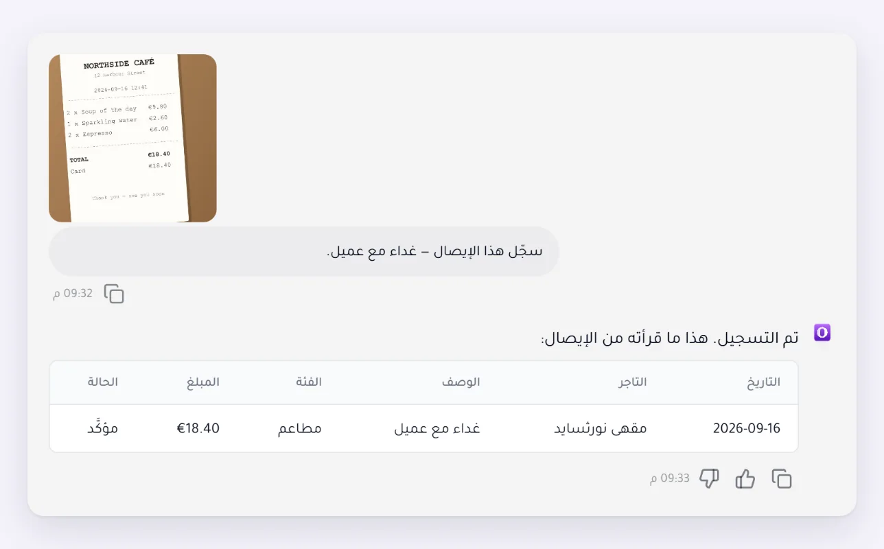 صورة إيصال مقهى مُرسَلة إلى وكيل Expense، وتحتها الرد: جدول فيه التاريخ والتاجر والوصف والفئة والمبلغ كما قرأها من الإيصال.
