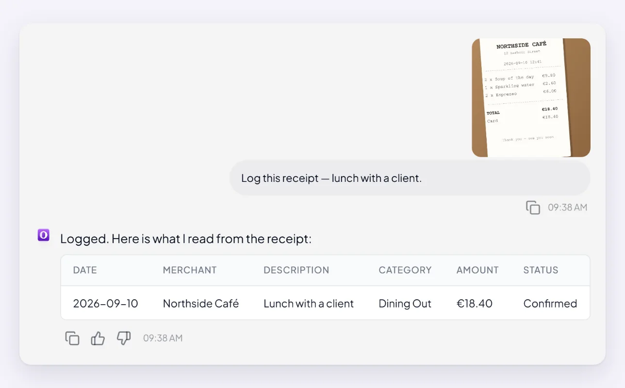 A photo of a café receipt sent to the Expense agent, and the reply beneath it: a table with the date, merchant, description, category and amount it read from the receipt.