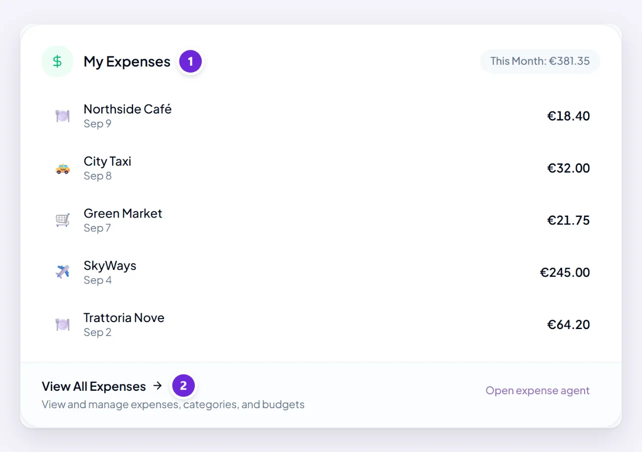 The My Expenses card on the Dashboard, with this month’s total, the latest expenses, and View All Expenses at the bottom.