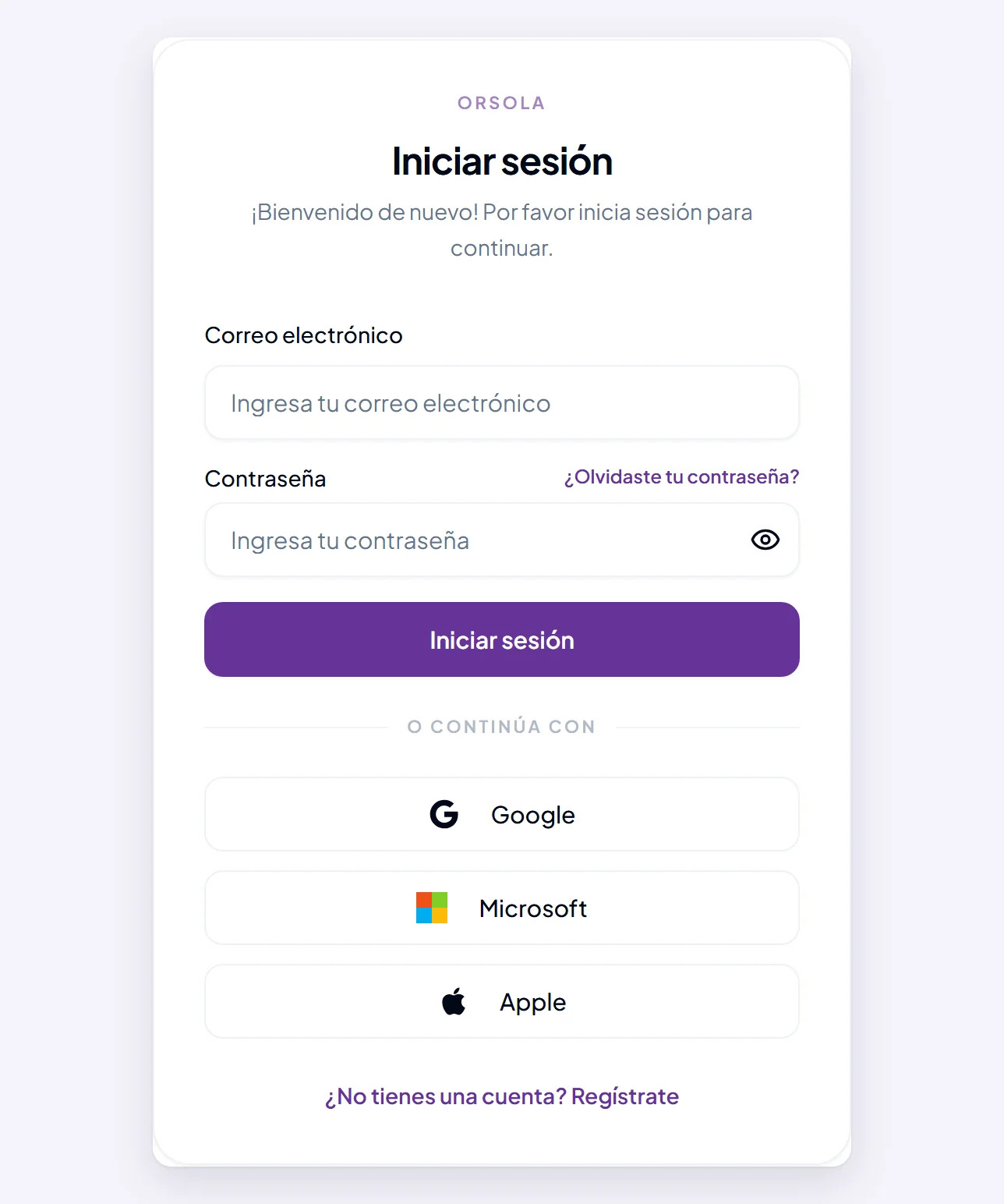 El formulario de inicio de sesión de Orsola, con los botones de Google, Microsoft y Apple debajo de los campos de correo y contraseña.