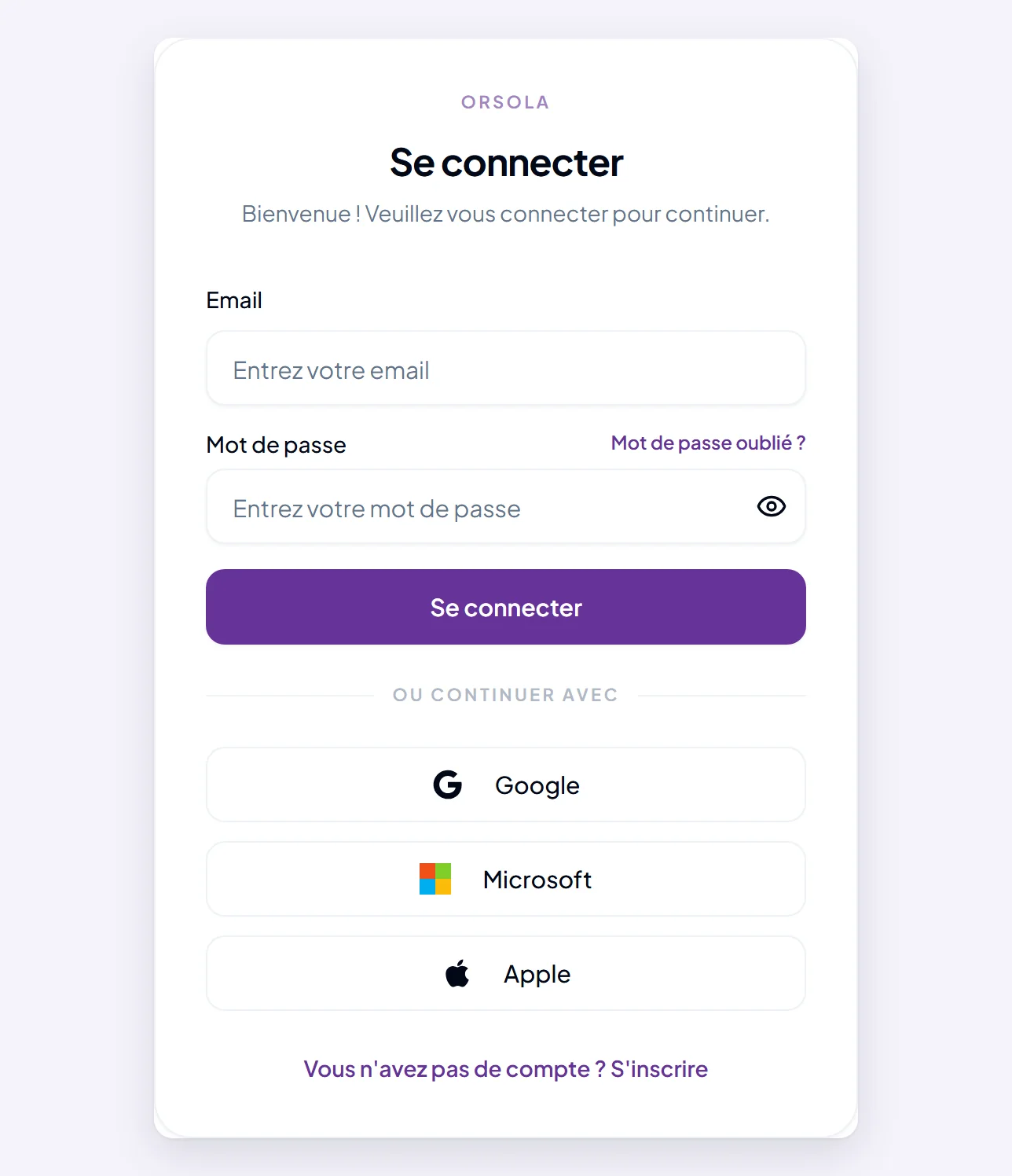 Le formulaire de connexion Orsola, avec les boutons Google, Microsoft et Apple sous les champs e-mail et mot de passe.