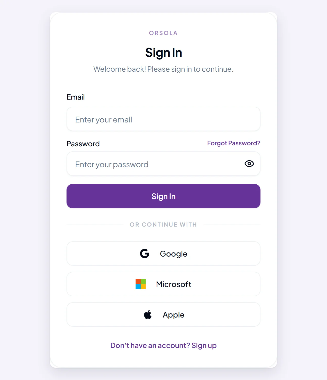 The Orsola sign-in form, with buttons for Google, Microsoft and Apple below the email and password fields.