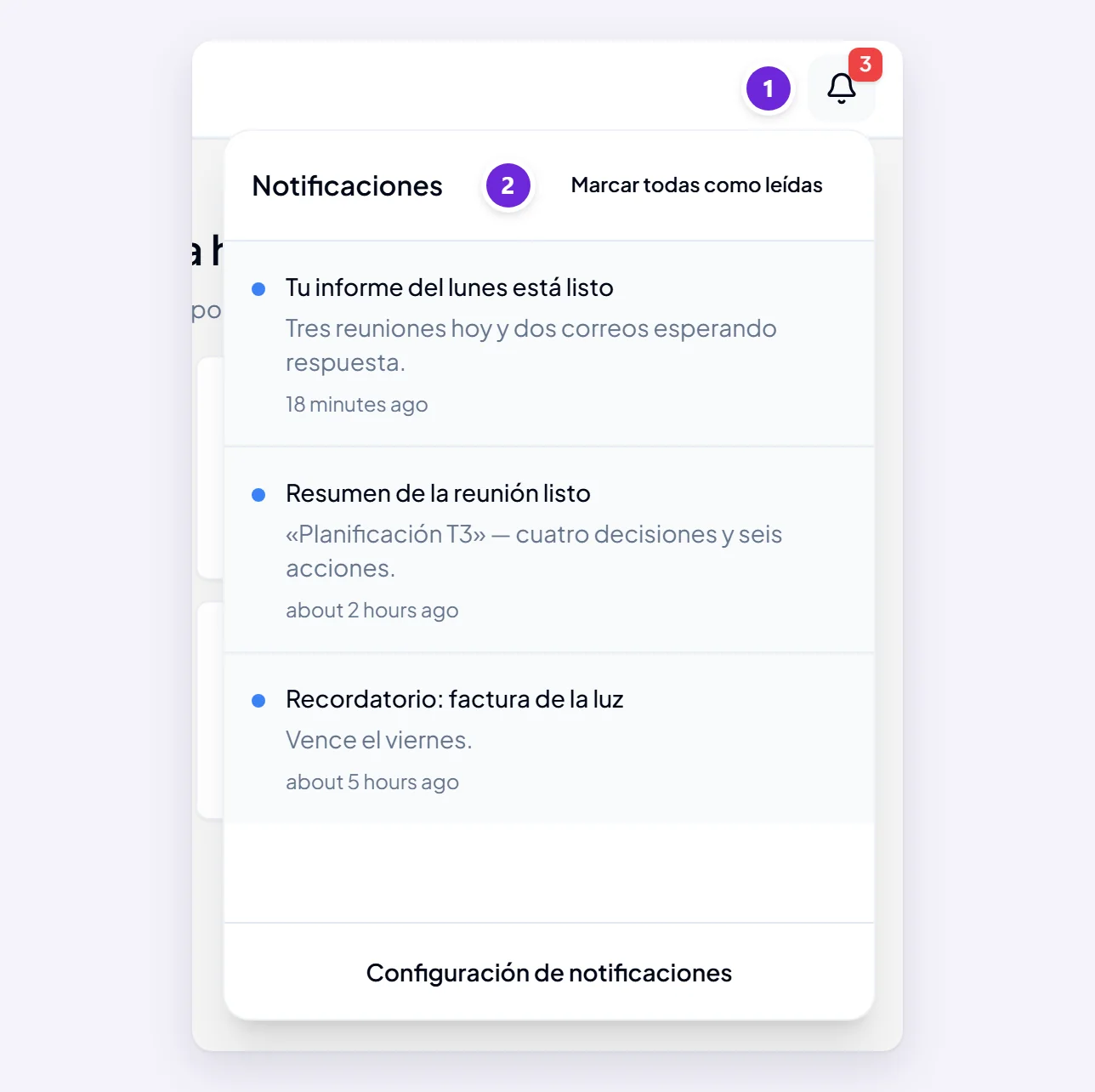 La campana de la barra superior con un distintivo que marca 3, y su panel abierto con tres notificaciones sin leer y Marcar todas como leídas.